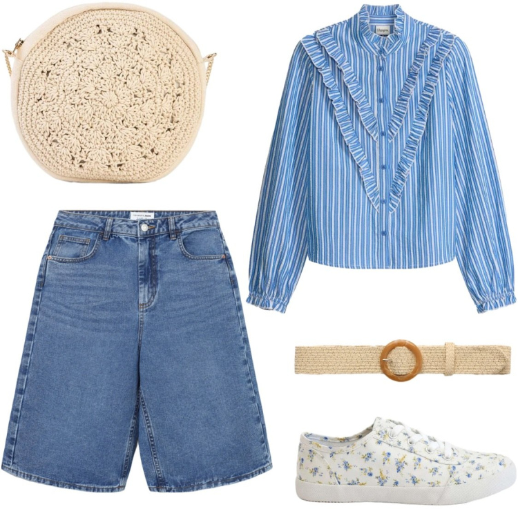 Outfit donna - Bermuda. Stile Preppy per Tutti i giorni. Abbinamento con borse a tracolla, sneakers, camicie, bermuda, cinture.