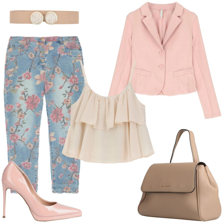 Outfit donna - Petali di rosa. Stile Casual chic per Tutti i giorni. Abbinamento con zaini, décolleté, cinture, blazer, top, jeans.