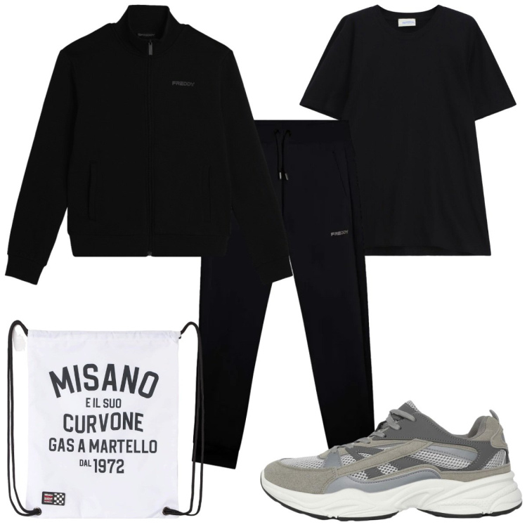 Outfit uomo - Total look #2405356. Stile Trendy per Sport. Abbinamento con borse sportive, sneakers, t-shirt, felpe, pantaloni.