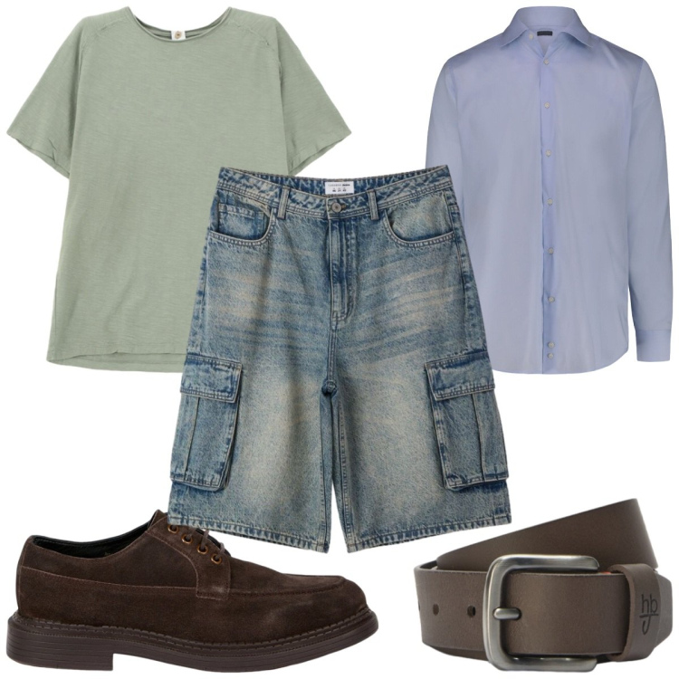 Outfit uomo - Total look #2405357. Stile Trendy per Tutti i giorni. Abbinamento con pantaloni corti, t-shirt, cinture, scarpe stringate, camicie.