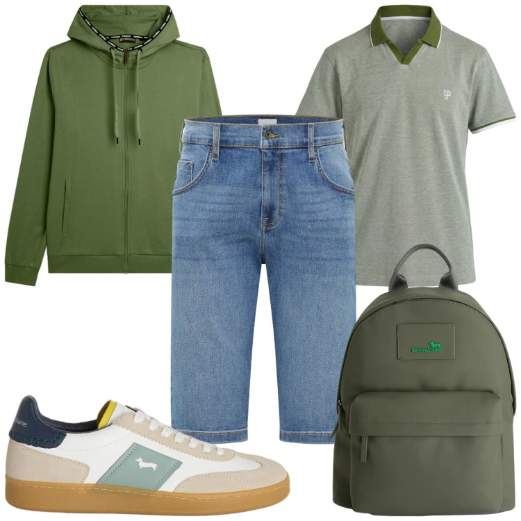 Outfit uomo - Total look #2405358. Stile Trendy per Tutti i giorni. Abbinamento con bermuda, borse sportive, polo, sneakers, felpe con cappuccio.