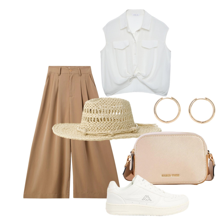 Outfit donna - Maggio. Stile Casual chic per Tutti i giorni. Abbinamento con borse a tracolla, orecchini, sneakers, pantaloni, camicie a manica corta, cappelli.