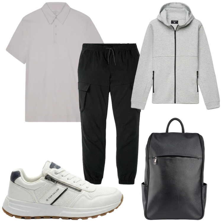 Outfit uomo - Total look #2405360. Stile Casual per Tutti i giorni. Abbinamento con pantaloni cargo, sneakers, felpe con cappuccio, borse sportive, polo.