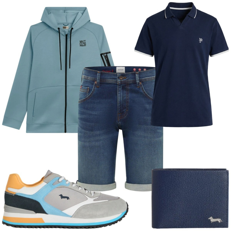 Outfit uomo - Total look #2405363. Stile Casual per Tutti i giorni. Abbinamento con bermuda, sneakers, portafogli, polo, felpe con cappuccio.