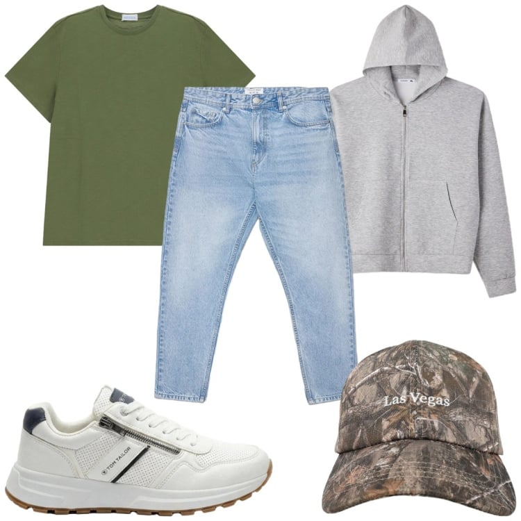 Outfit uomo - Total look #2405364. Stile Casual per Tutti i giorni. Abbinamento con sneakers, jeans, cappelli con visiera, felpe con cappuccio, t-shirt.