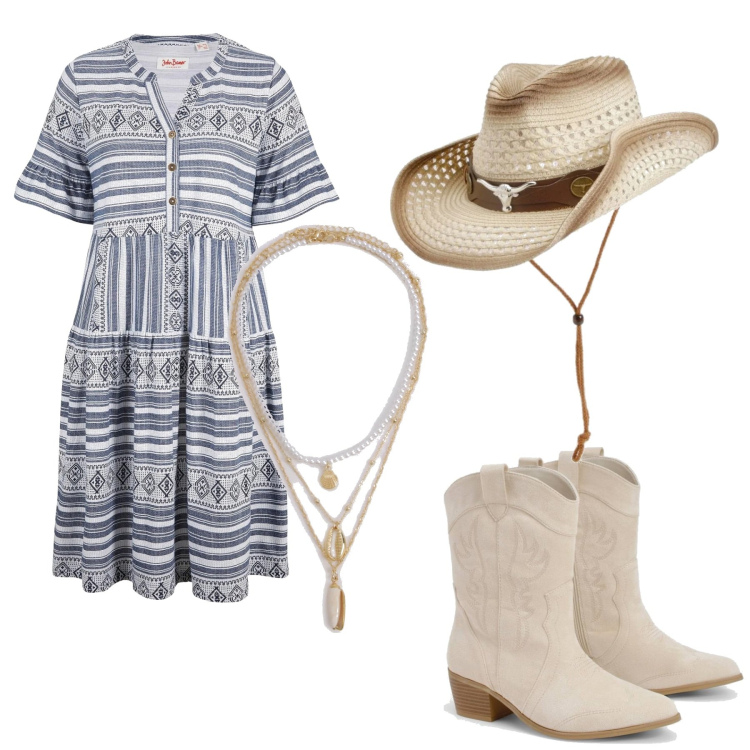 Outfit femme - Version western. Style Ethnique pour Soirée dehors. Assortir avec robes longues, colliers, chapeaux, bottes.