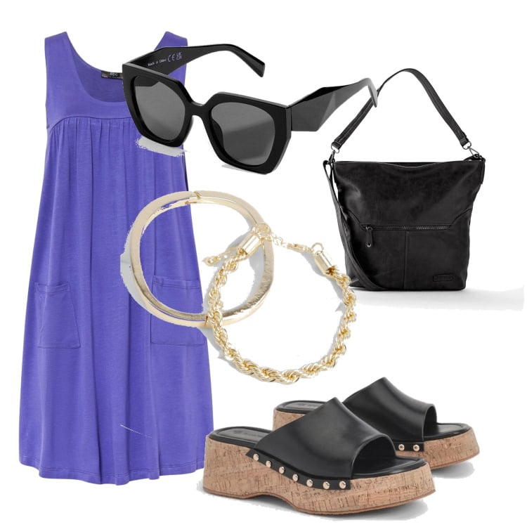 Outfit femme - Violet. Style Casual pour Tous les jours. Assortir avec sacs à main, robes longues, bracelets, lunettes de soleil, sandales.