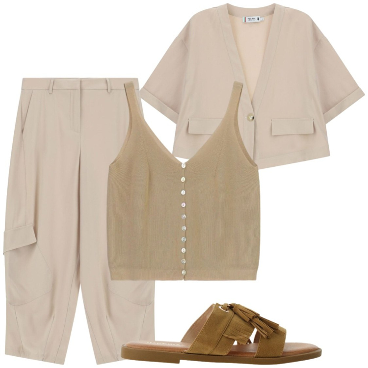Outfit donna - Total look #2405378. Stile Casual chic per Serata fuori. Abbinamento con sandali, canottiere, pantaloni cargo, cappotti.