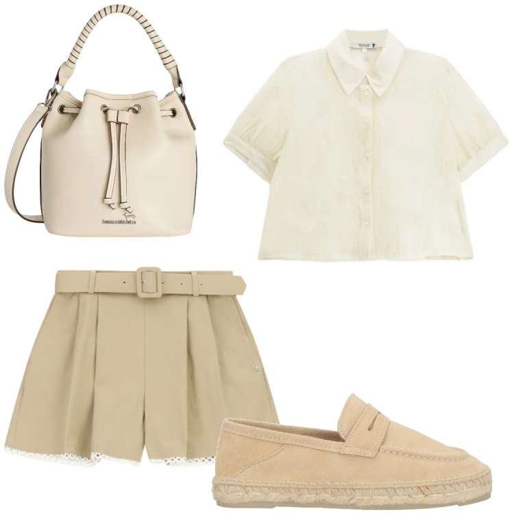 Outfit donna - Estate. Stile Chic per Tutti i giorni. Abbinamento con mocassini, borse a secchiello, camicie a manica corta, shorts.
