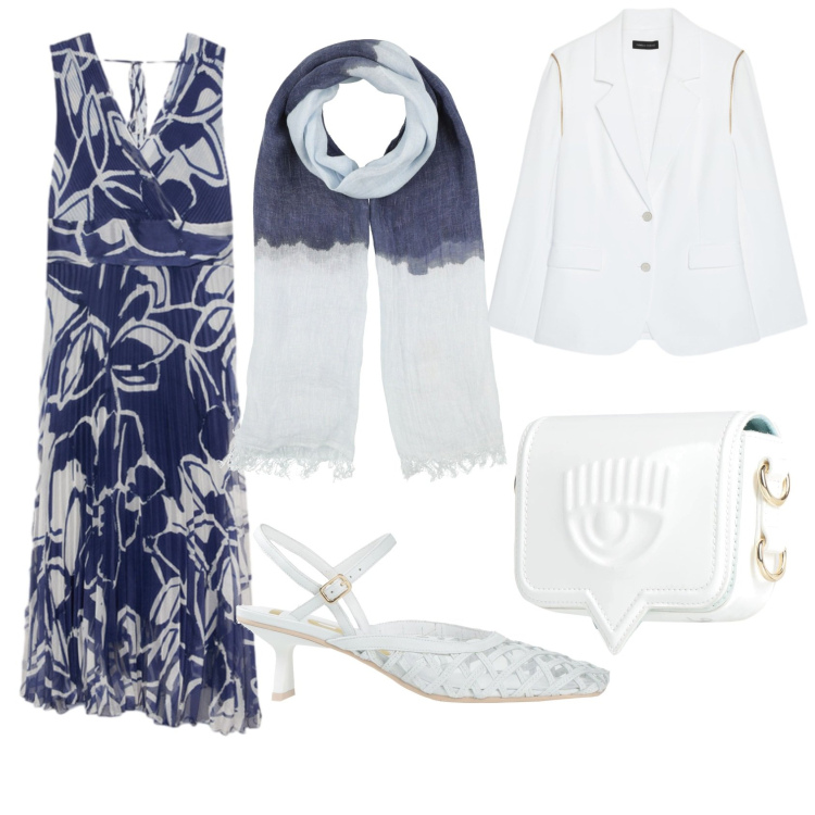 Outfit donna - Ristorante all\'aperto. Stile Chic per Serata fuori. Abbinamento con décolleté, marsupi, sciarpe, blazer, vestiti lunghi.