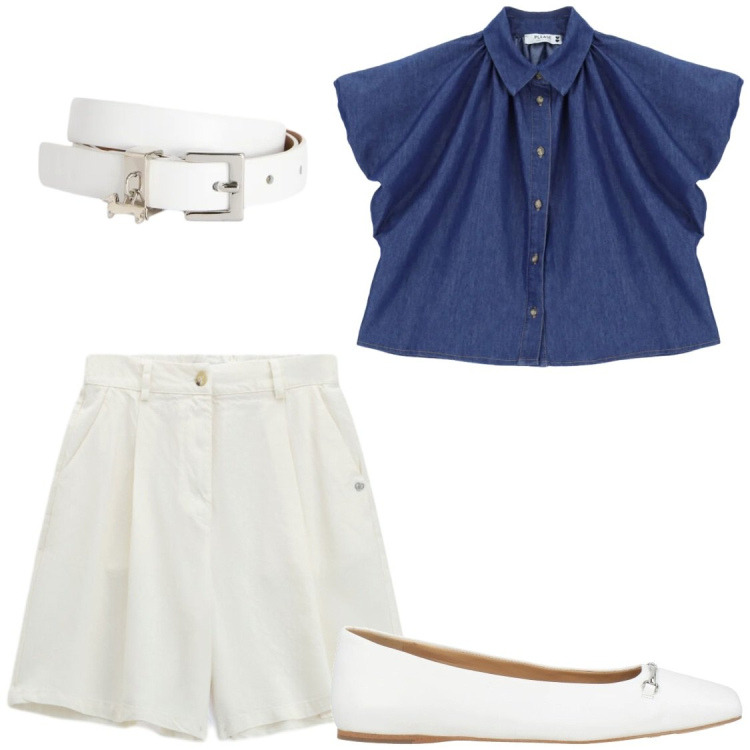 Outfit donna - Estate. Stile Chic per Tutti i giorni. Abbinamento con ballerine, cinture, camicie a manica corta, bermuda.