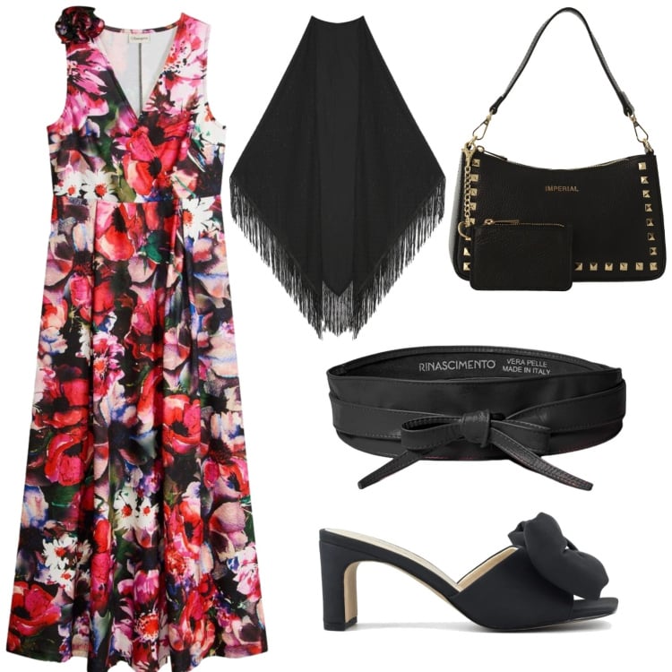 Outfit donna - Serata danzante. Stile Chic per Serata fuori. Abbinamento con vestiti, cinture, borse a spalla, foulard, sandali col tacco.