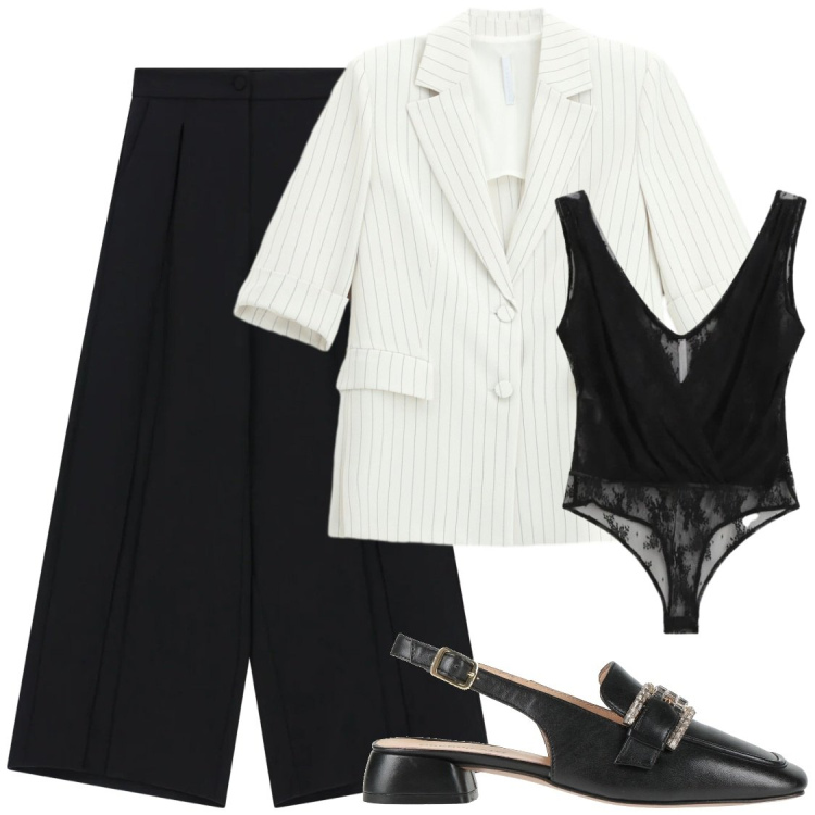 Outfit donna - Serate. Stile Chic per Serata fuori. Abbinamento con décolleté, top, pantaloni a palazzo, blazer.