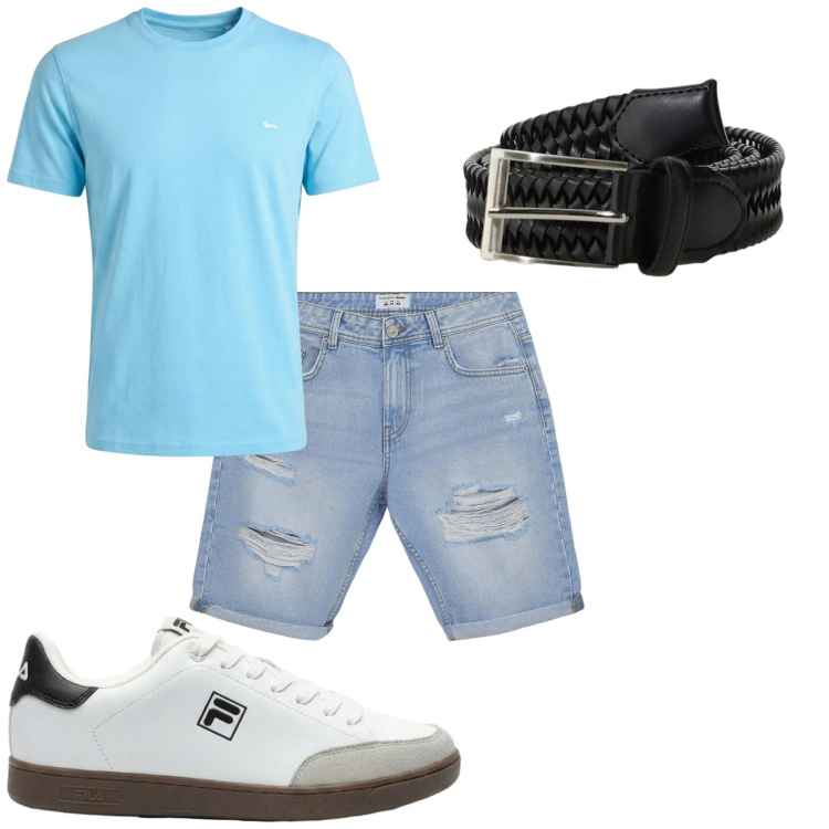 Outfit uomo - Giorno in città. Stile Casual per Tutti i giorni. Abbinamento con sneakers, bermuda, cinture, t-shirt.
