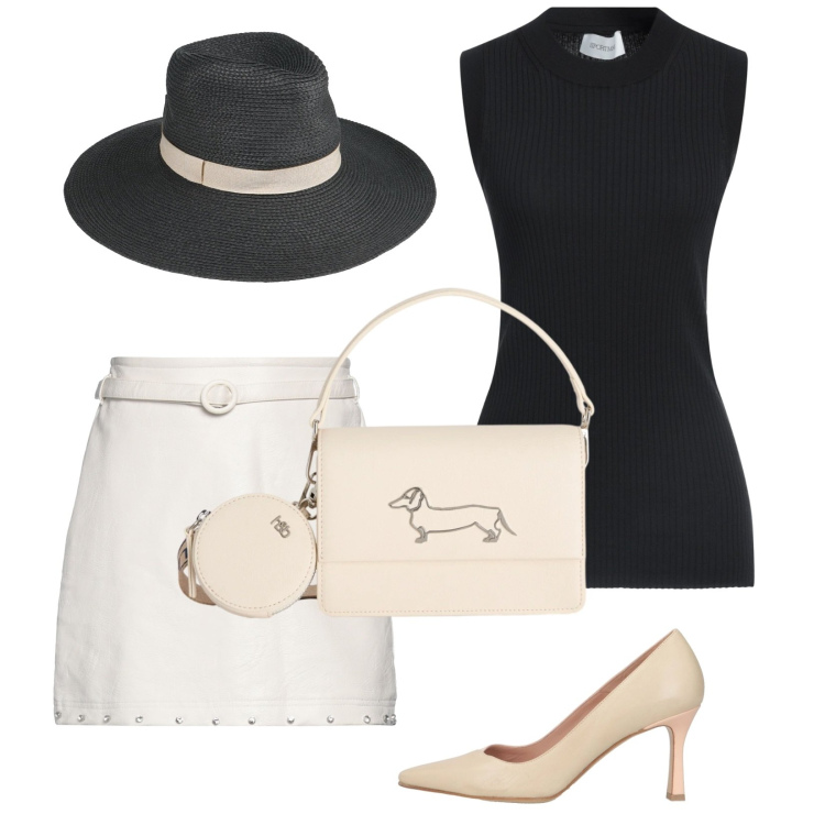 Outfit donna - Eleganza. Stile Chic per Serata fuori. Abbinamento con minigonne, décolleté, cappelli, pullovers, borse a tracolla.