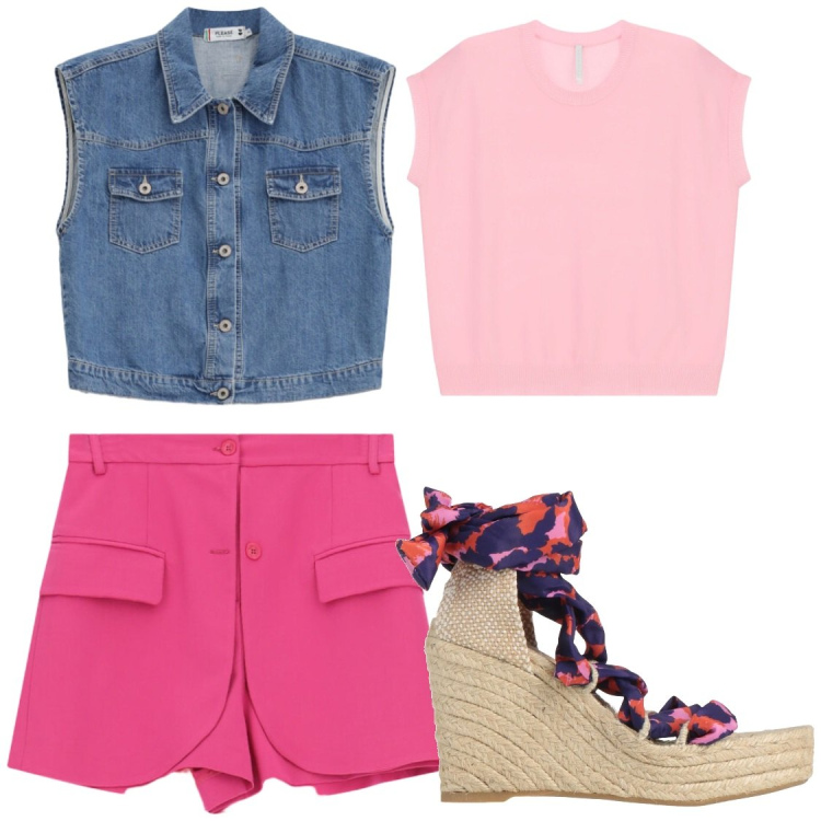 Outfit donna - Estate. Stile Casual chic per Serata fuori. Abbinamento con espadrillas, shorts, top, gilet.