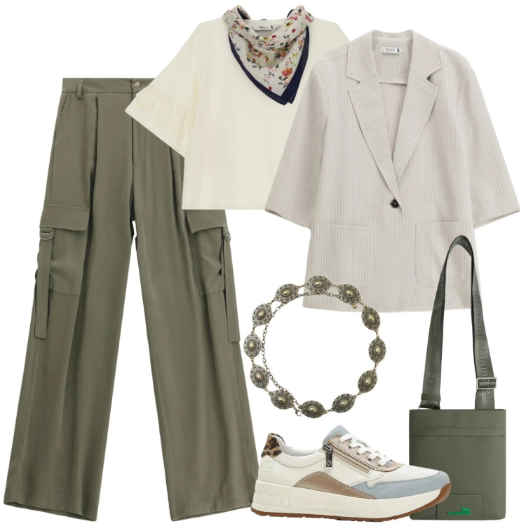 Outfit donna - Total look #2405393. Stile Casual chic per Ufficio. Abbinamento con sneakers, cinture, borse a tracolla, top, pantaloni cargo, blazer.