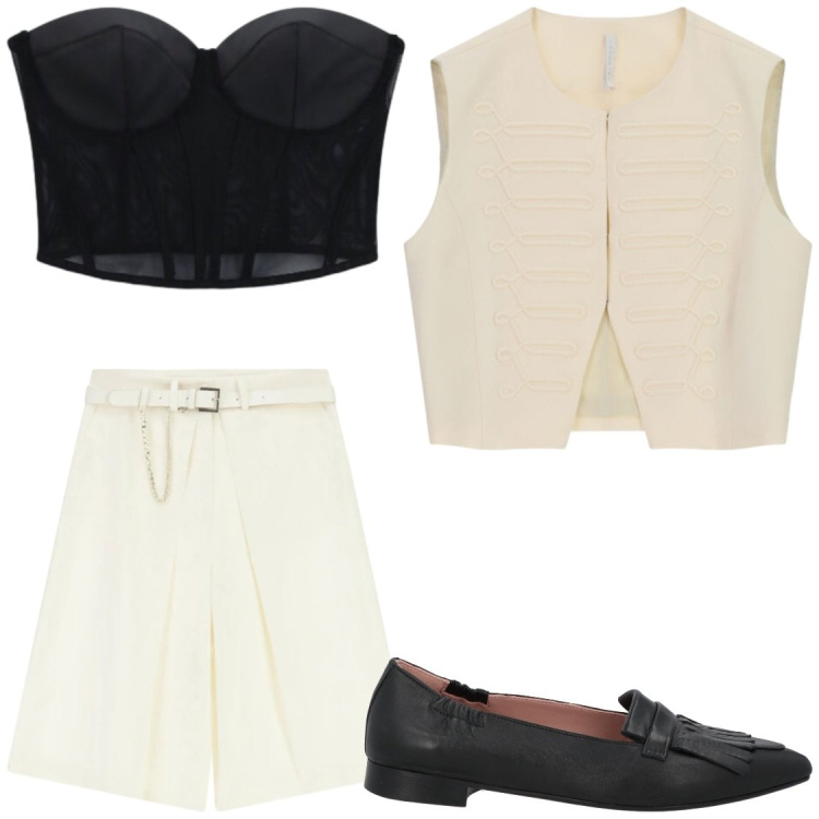 Outfit donna - Mannish. Stile Mannish per Serata fuori. Abbinamento con mocassini, bermuda, top, gilet.