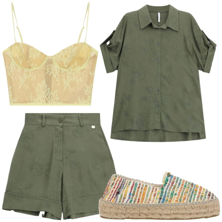 Outfit donna - Comoda in glamour. Stile Glamour per Serata fuori. Abbinamento con espadrillas, shorts, camicie a manica corta, canottiere.