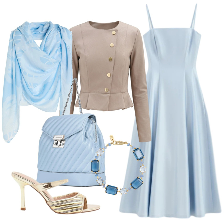 Outfit donna - Invitata under 30. Stile Bon Ton per Cerimonia. Abbinamento con zaini, sciarpe, vestiti midi/longuette, giacche, sabot, braccialetti.