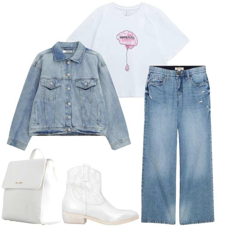 Outfit donna - Total look #2405405. Stile Casual per Tutti i giorni. Abbinamento con zaini, stivaletti texani, jeans, t-shirt, blazer.