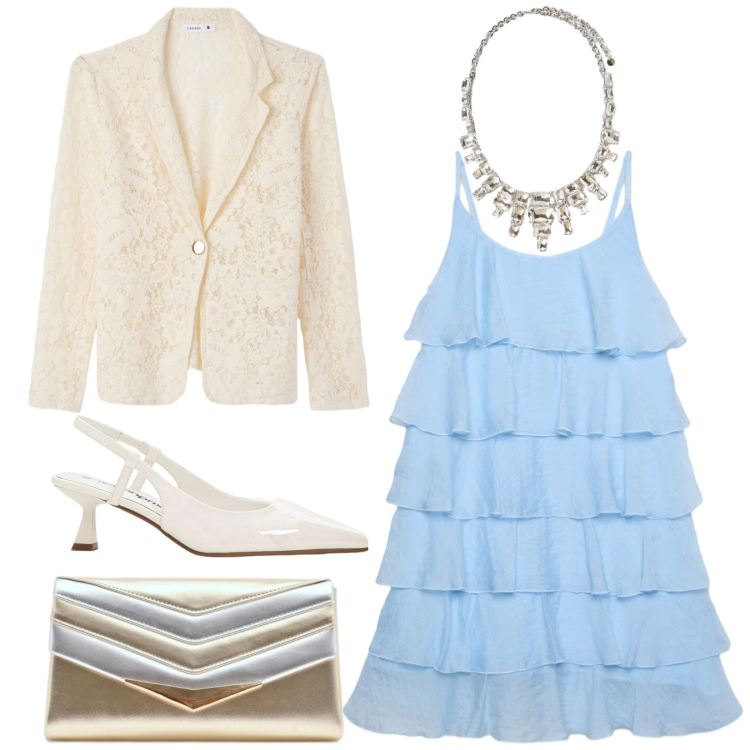 Outfit donna - Total look #2405407. Stile Chic per Cerimonia. Abbinamento con décolleté, vestiti corti, blazer, pochette, collane.