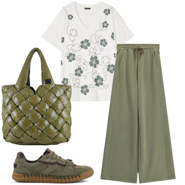 Outfit donna - Total look #2405408. Stile Casual per Tutti i giorni. Abbinamento con pantaloni a palazzo, t-shirt, borse tote, sneakers.