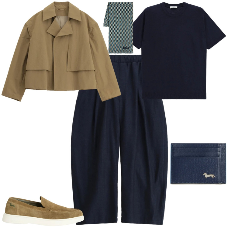 Outfit uomo - Trendy ufficio tempo libero. Stile Trendy per Tutti i giorni. Abbinamento con pantaloni, cappotti, t-shirt, portafogli, sciarpe, scarpe stringate.