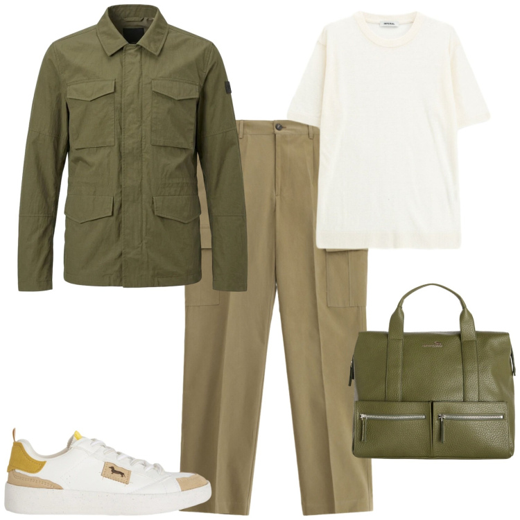 Outfit uomo - Casual ufficio tempo libero. Stile Casual per Tutti i giorni. Abbinamento con pantaloni cargo, t-shirt, sneakers, borse sportive, cappotti.