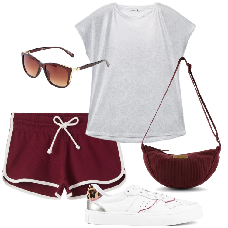 Outfit donna - Total look #2405412. Stile Sporty chic per Sport. look ideale per Petite. Abbinamento con occhiali da sole, shorts, t-shirt, borse a tracolla, sneakers.