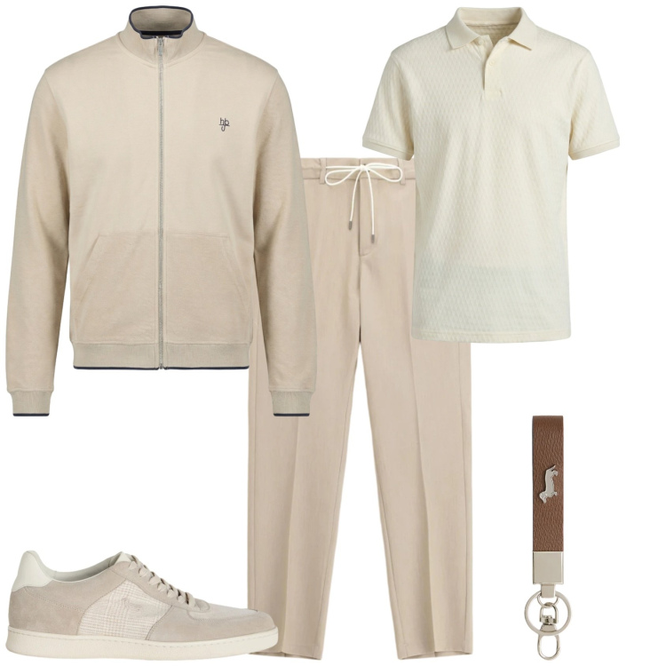 Outfit uomo - Sporty chic tempo libero. Stile Trendy per Tutti i giorni. Abbinamento con pantaloni, portachiavi, sneakers, felpe, polo.
