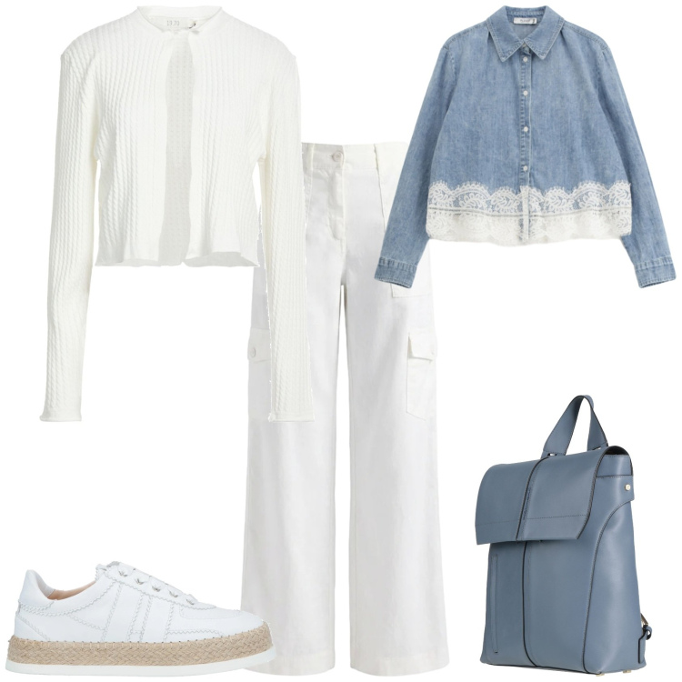 Outfit donna - Casual chic ufficio tempo libero. Stile Casual chic per Tutti i giorni. Abbinamento con zaini, espadrillas, cardigans, pantaloni cargo, camicie.