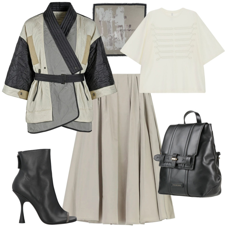 Outfit donna - Il kimono in ufficio o tempo libero. Stile Casual chic per Tutti i giorni. Abbinamento con stivaletti, zaini, sciarpe, t-shirt, gonne lunghe, kimono.