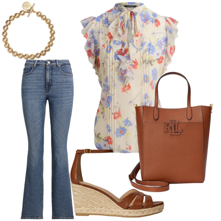 Outfit donna - Total look #2405425. Stile Casual chic per Ufficio. Abbinamento con bluse, zeppe, borse tote, braccialetti, jeans bootcut.