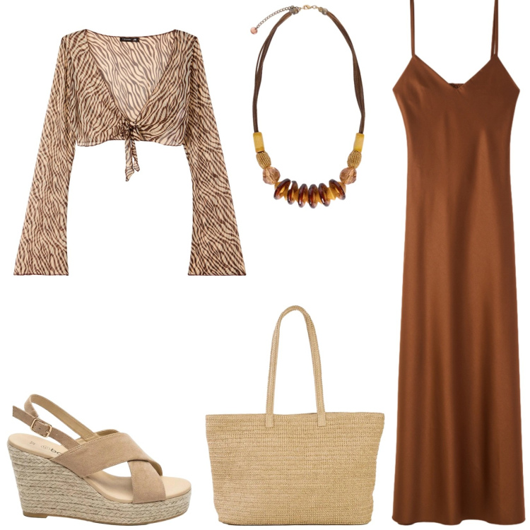 Outfit donna - Total look #2405428. Stile Etnico per Serata fuori. Abbinamento con shopping bag, sandali col tacco, vestiti lunghi, blazer, collane.