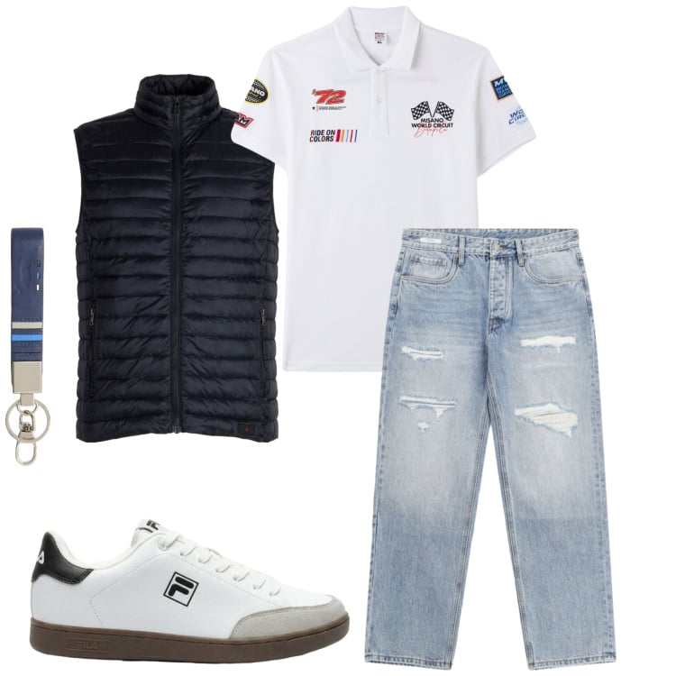 Outfit uomo - Total look #2405431. Stile Casual per Tutti i giorni. Abbinamento con sneakers, polo, jeans strappati, portachiavi, piumini.