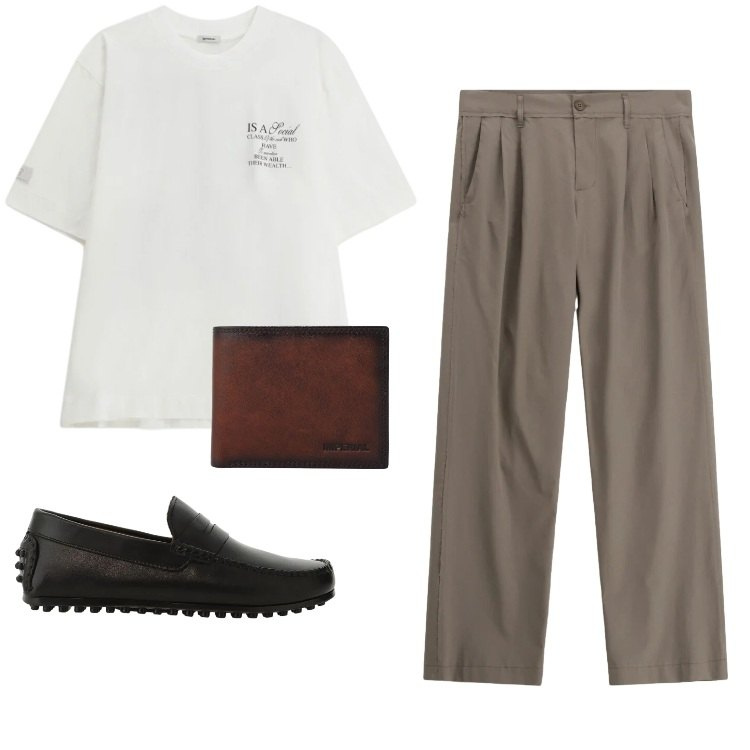 Outfit uomo - Total look #2405434. Stile Casual per Mare. Abbinamento con t-shirt, scarpe stringate, portafogli, pantaloni.