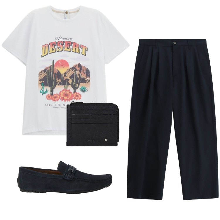 Outfit uomo - Total look #2405435. Stile Casual per Mare. Abbinamento con pantaloni, t-shirt, portafogli, scarpe stringate.