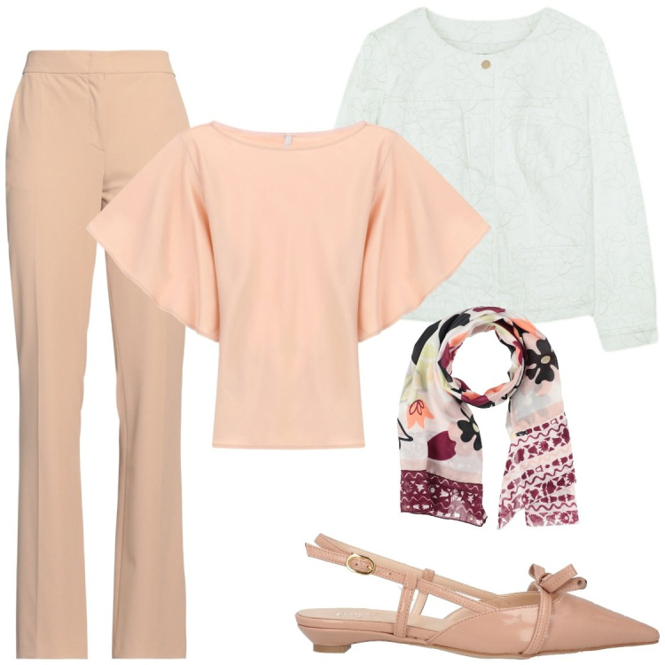 Outfit donna - Rosa. Stile Chic per Ufficio. Abbinamento con pantaloni, ballerine, sciarpe, t-shirt, blazer.
