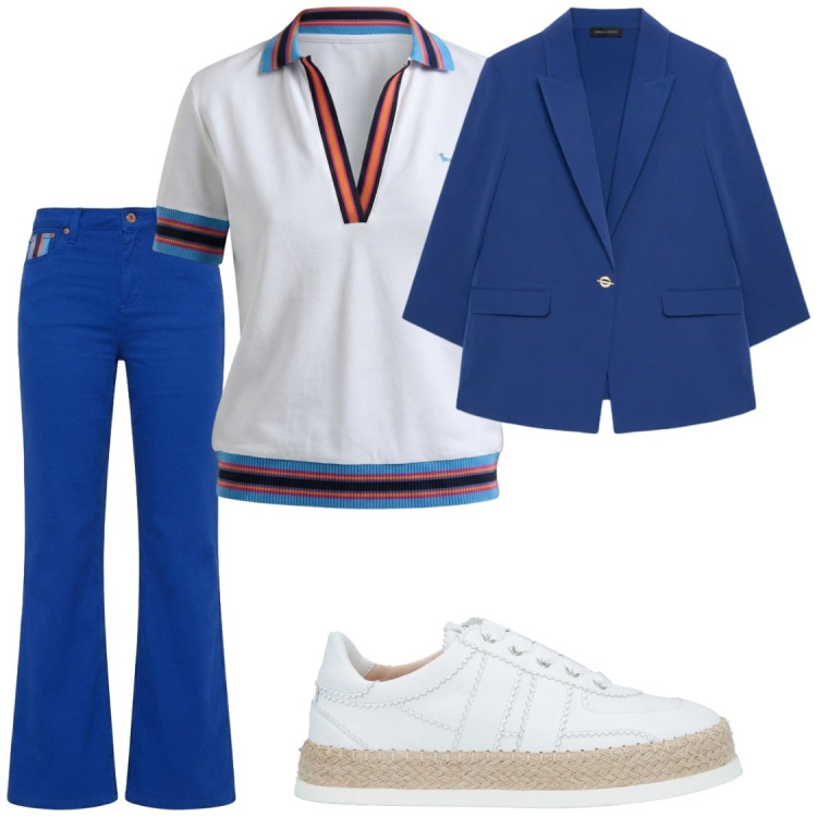 Outfit donna - Ufficio. Stile Casual chic per Ufficio. Abbinamento con espadrillas, polo, pantaloni, blazer.