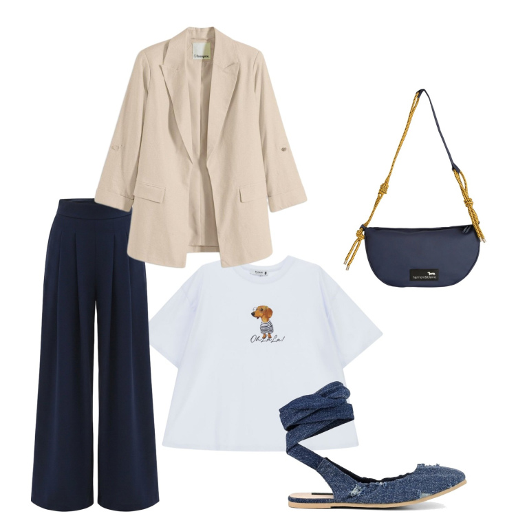 Outfit donna - Easy ma ricercato. Stile Casual chic per Serata fuori. Abbinamento con blazer, pantaloni a palazzo, borse a tracolla, t-shirt, ballerine.