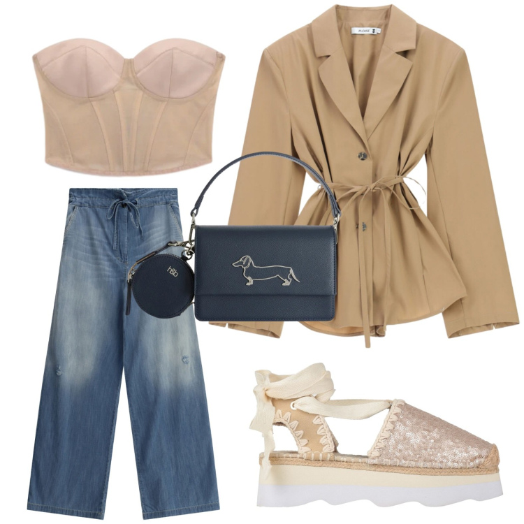 Outfit donna - Corpetto e jeans. Stile Glamour per Tutti i giorni. Abbinamento con décolleté, top, borse a tracolla, blazer, jeans.
