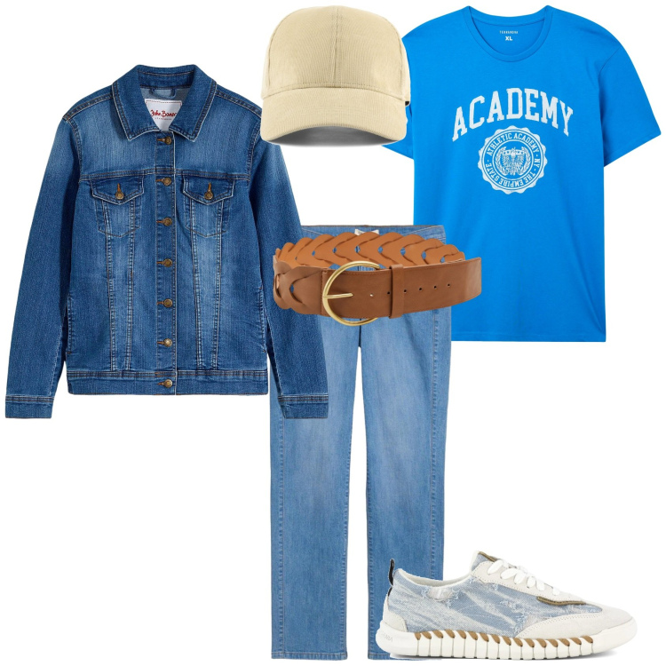 Outfit donna - Mannish sportivo. Stile Mannish per Tutti i giorni. Abbinamento con blazer, jeans dritti, cinture, t-shirt sportive, sneakers, cappelli con visiera.