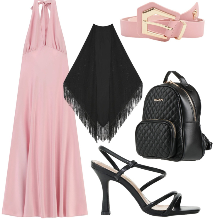Outfit donna - Serata in lungo. Stile Chic per Serata fuori. Abbinamento con zaini, cinture, vestiti lunghi, sandali col tacco, foulard.