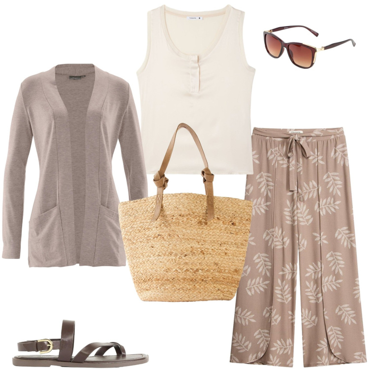 Outfit donna - In un pomeriggio di primavera. Stile Casual per Tutti i giorni. Abbinamento con pantaloni a palazzo, cardigans, shopping bag, occhiali da sole, sandali, canottiere.
