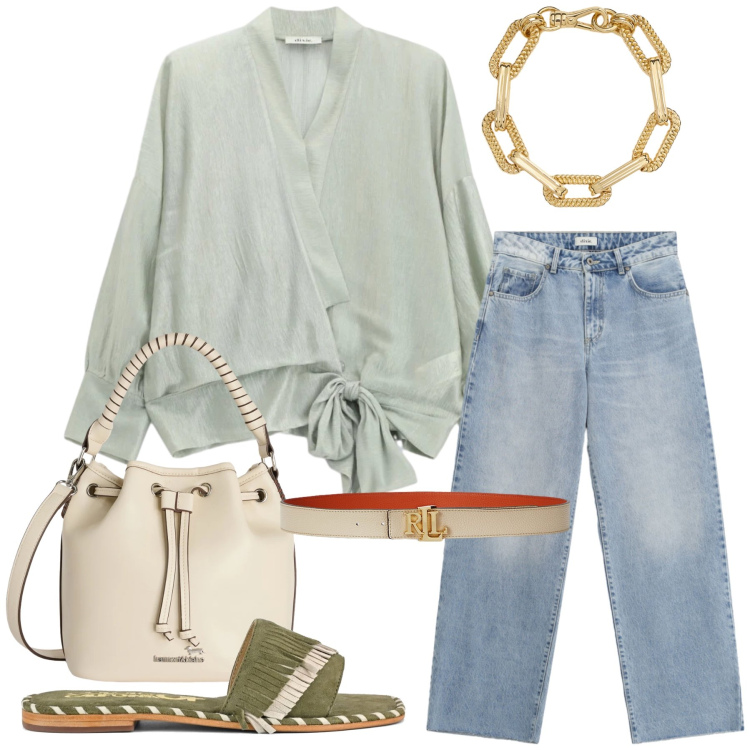 Outfit donna - Total look #2405454. Stile Casual chic per Tutti i giorni. Abbinamento con borse a secchiello, jeans dritti, bluse, cinture, braccialetti, ciabatte.