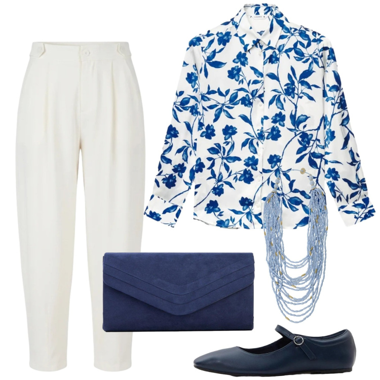 Outfit donna - La camicia a fiori. Stile Chic per Serata fuori. Abbinamento con ballerine, clutch, camicie, pantaloni, collane.