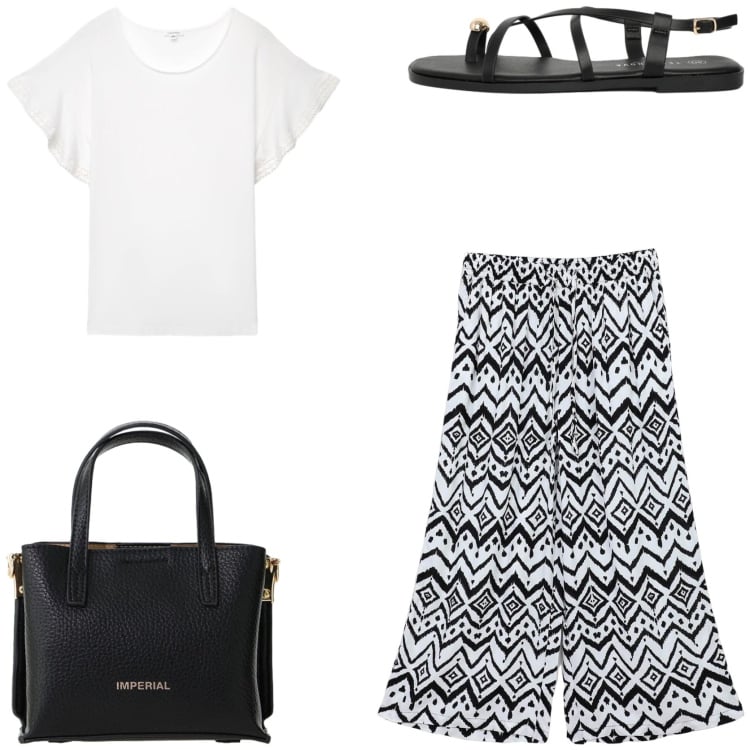 Outfit donna - Carioca style. Stile Etnico per Tutti i giorni. Abbinamento con pantaloni a palazzo, sandali, t-shirt, borse a tracolla.