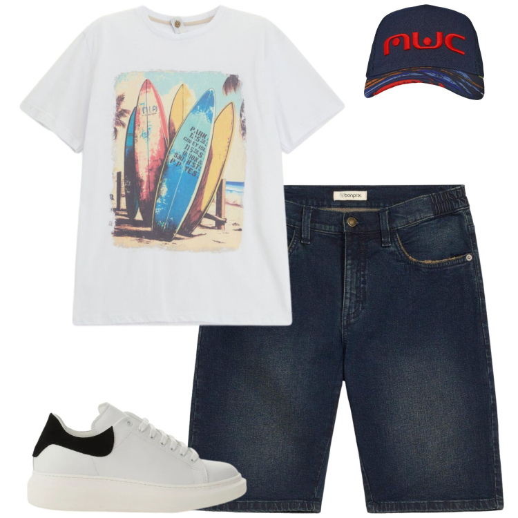 Outfit uomo - Total look #2405458. Stile Casual per Tutti i giorni. Abbinamento con bermuda, cappelli con visiera, t-shirt, sneakers.