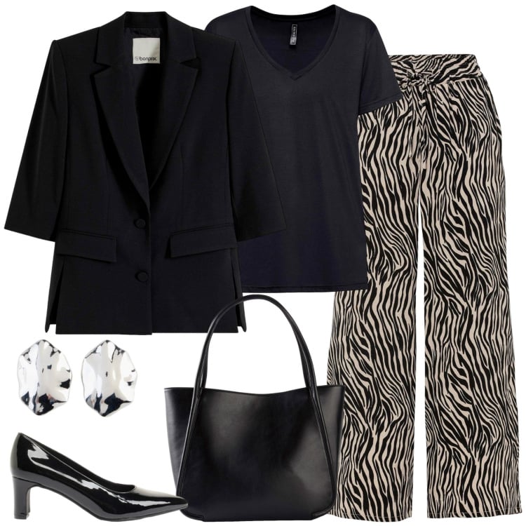 Outfit donna - I pantaloni stampati. Stile Casual chic per Ufficio. Abbinamento con pantaloni culotte, t-shirt, blazer, décolleté, shopping bag, orecchini.